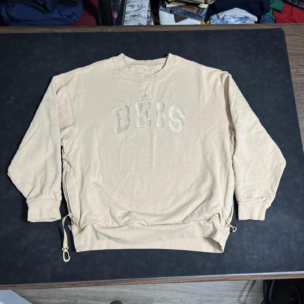 BEIS Sweatshirt Womens Small Beige Side Zip Adjustable Logo Pullover Crewneck
